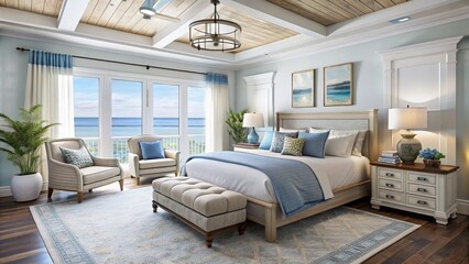 Coastal style master bedroom with a beach house spirit design