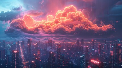A cityscape where clouds are made of glowing neon lights