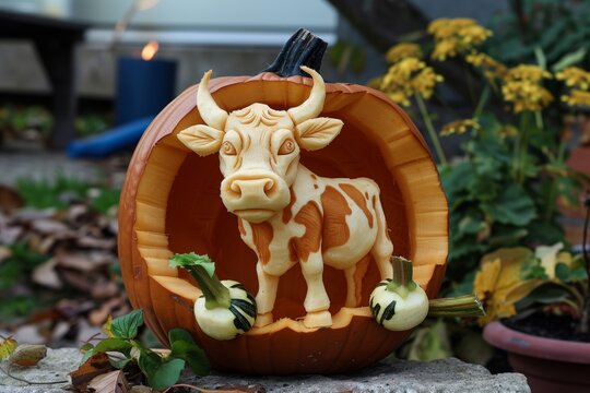 pumpkin carved into a cow with turnip hooves