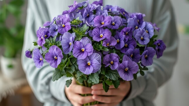   A close-up image shows a person holding a bouquet of purple flowers with green leaves at the base