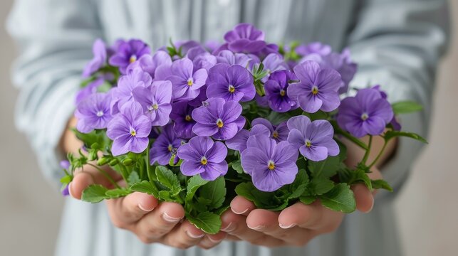   A close-up image of someone clutching a bouquet of purple blooms emerging from their stems
