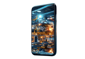 Taking picture in smartphone while carrying out inspection production isolated on cut out PNG or transparent background. Industrial factory of modern department production structures business.