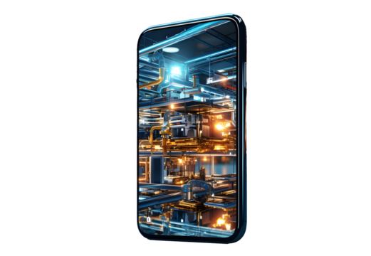 Taking picture in smartphone while carrying out inspection production isolated on cut out PNG or transparent background. Industrial factory of modern department production structures business.