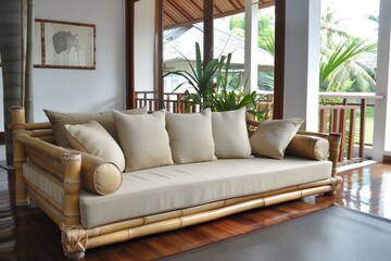 modern living room with bamboo sofa and cushions