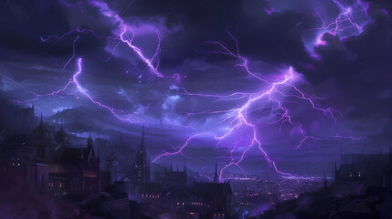 A stormy sky with a purple and blue sky and a tall power line. The sky is filled with lightning bolts