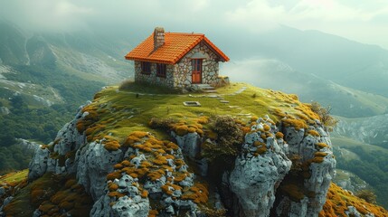   A tiny house perched atop a mountain, with moss covering the rocks below and lush grass crowning the peak - obrazy, fototapety, plakaty