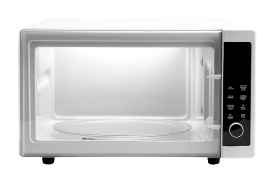 The Culinary Portal: A Hypnotic Close-Up of a Microwave on a Blank Canvas. On a Clear PNG or White Background.