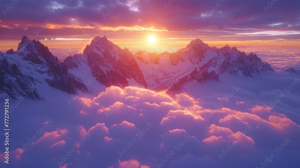 Poster   The sun sets behind a range of mountains, with clouds in the foreground and some mountains visible in the background