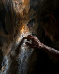 Hand of an old man of homo sapiens race drawing with pigments cave paintings of animals, in a cave in penunbrae