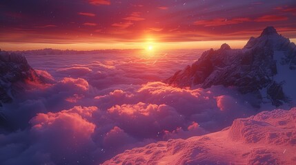   The sun sets over mountains covered in clouds in the foreground - obrazy, fototapety, plakaty