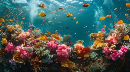 A dynamic ecosystem of colorful coral reefs teeming with marine life