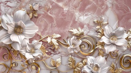 Elegant Gold and White Floral Decoration on Pink Marble