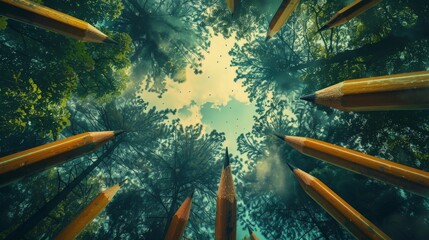 A forest where the trees are giant pencils drawing in the sky