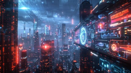 A futuristic cityscape with holographic global data displays