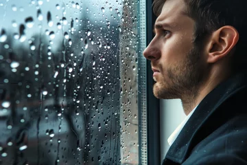 Fotobehang profile of businessman staring at raindrops on window © studioworkstock