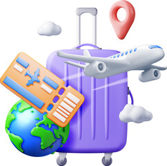 3d Airline Ticket, Travel Bag, Globe and Airplane