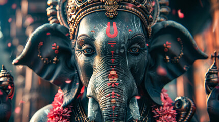 Fototapeta premium Ancient Ganesha Temple Statue with Ornate Backdrop.