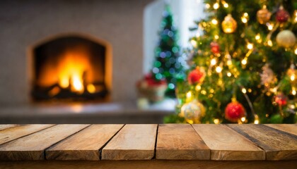 Cozy Christmas: Wood Table with Blurred Tree and Fireplace Backdrop"