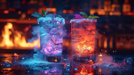   Two tall glass vases filled with ice and ice cubes sit on a table in front of a roaring fire and bubbling water fountain