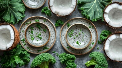   A table topped with bowls of broccoli, coconuts, and other fruits and veggies
