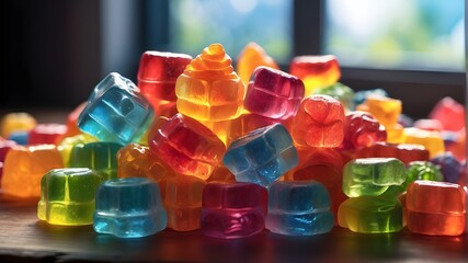 "A pack of medical cannabis CBD-infused rainbow gummy candy edibles depicted on a transparent PNG background. The scene is set indoors with 