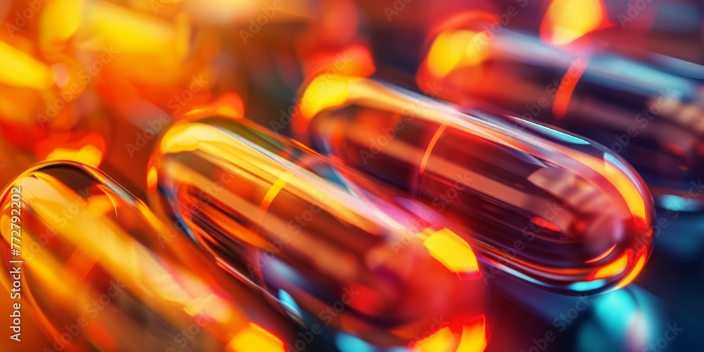 Poster close-up of a collection of pills arranged in a bunch, showing different shapes and colors