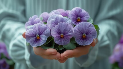   Close-up photo of a hand holding a bouquet of purple flowers with green foliage on top