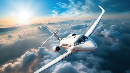 Naklejka premium Private Jet Soaring Above Clouds at Sunset