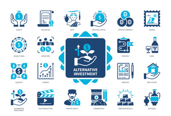 Alternative Investment icon set. Hedge Fund, Commodities, Antiques, Assets, Venture Capitals, Private Equity, Analysis, Arts. Duotone color solid icons