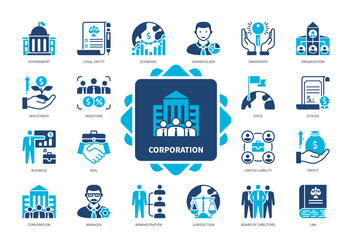 Corporation icon set. Government, Organisation, Investment, Limited Liability, Profit, Administration, Shareholder, Law. Duotone color solid icons