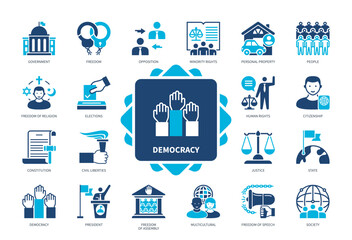 Democracy icon set. Freedom, Constitution, Minority Rights, Elections, Justice, President, Civil Liberties, Opposition. Duotone color solid icons