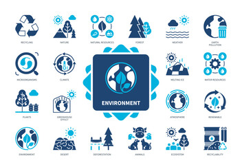 Environment icon set. Recycling, Atmosphere, Microorganisms, Climate, Nature, Weather, Natural Resources, Ecosystem. Duotone color solid icons - obrazy, fototapety, plakaty