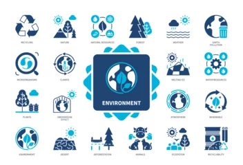 Fotobehang Environment icon set. Recycling, Atmosphere, Microorganisms, Climate, Nature, Weather, Natural Resources, Ecosystem. Duotone color solid icons © Genestro