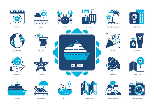 Cruise icon set. Vacation, Pool, Recreation, Enjoyment, Photography, Attraction, Party, Ocean. Duotone color solid icons