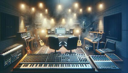 A music recording studio bathed in a soft mist, brimming with creative potential