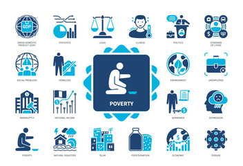 Poverty icon set. Legal, Politics, Depression, Environment, Natural Disaster, Borrower, Slum, Homeless. Duotone color solid icons