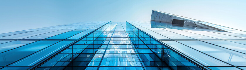 Obraz premium A modern building, angular and clad in glass, stands as a beacon of contemporary design, merging form with function.