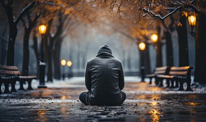 Person Sitting on Bench in Rain - obrazy, fototapety, plakaty