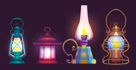 Old oil and gas lamp with flame. Cartoon vector illustration set of glowing vintage kerosene lantern. Antique classic petrol light bulb with handle. retro mine or camp portable lamp with fire. - obrazy, fototapety, plakaty