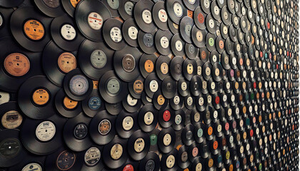 A texture of vintage vinyl records, a collage of musical history - 772792888