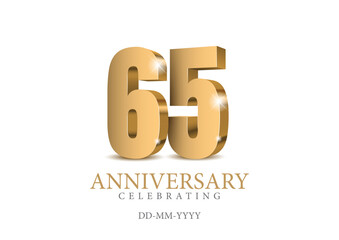 Anniversary 65. gold 3d numbers. Poster template for Celebrating 65th anniversary event party. Vector illustration