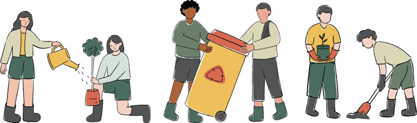 Young people in recycle go green activity set Illustration Vector