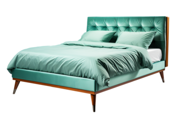 Wooden green bed comfortable modern with pillow and blanket on top isolated on cut out PNG or transparent background. Interior decoration for modern bedroom.