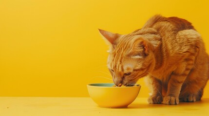 A charming orange cat indulging in its food against a cheerful yellow backdrop