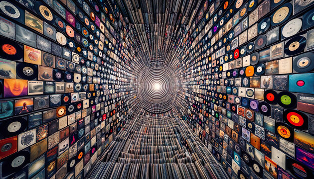 An immersive room entirely clad in vintage music records, creating a hypnotic vinyl tunnel