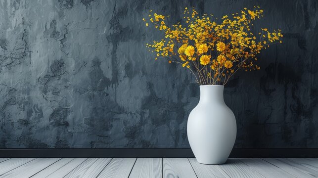  A white vase brimming with golden blooms perched on a wooden plank against a gray-painted backdrop