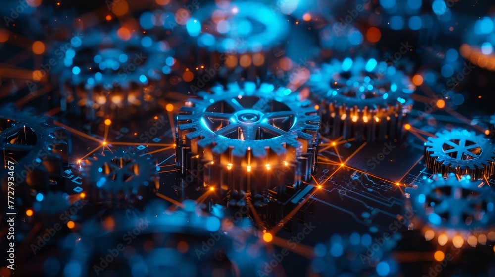 Poster an intricate network of interconnected gears and cogs symbolizing technology