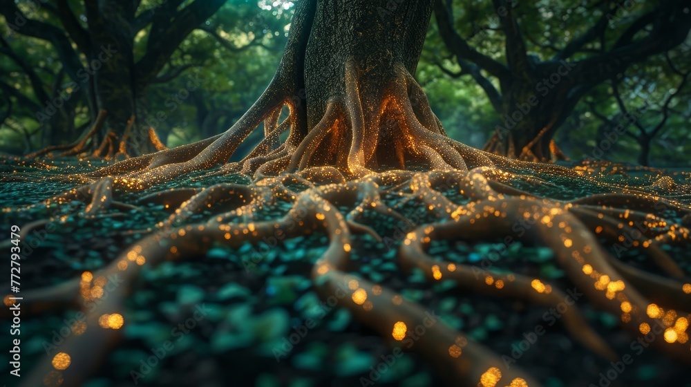 Poster an intricate network of roots connecting trees in a forest