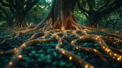 An intricate network of roots connecting trees in a forest