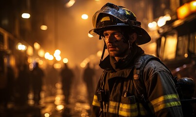 Firefighter Standing in Street at Night - obrazy, fototapety, plakaty